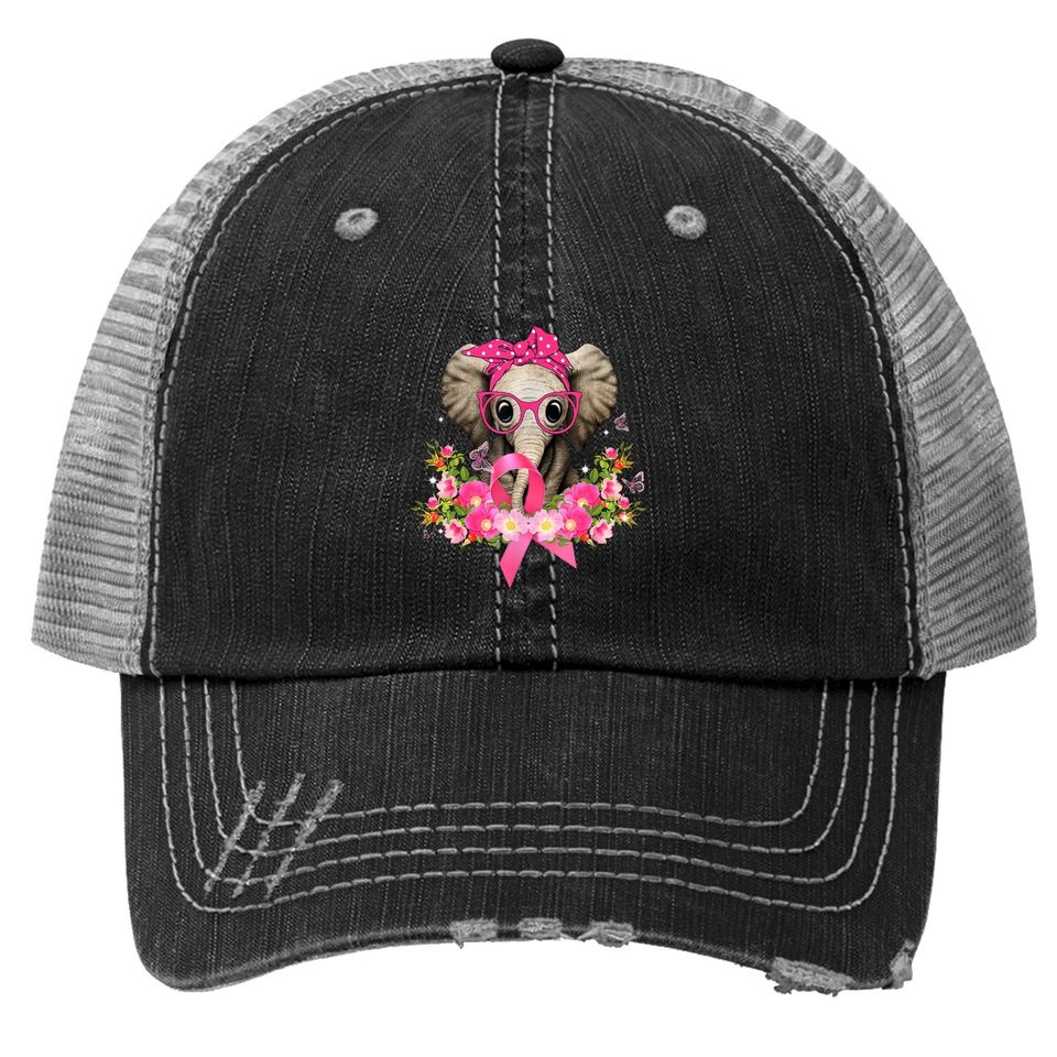 Breast Cancer Awareness Cute Elephant Flowers Pink Ribbon Trucker Hat