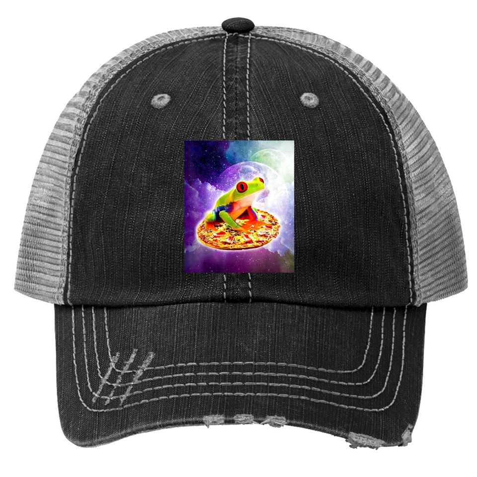 Red Eye Tree Frog Riding Pizza In Space Trucker Hat