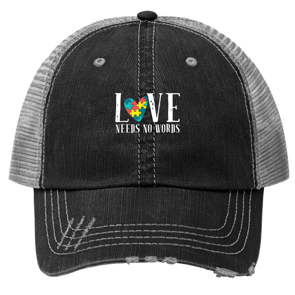 Love Needs No Words Support Autism Awareness Puzzle Trucker Hat