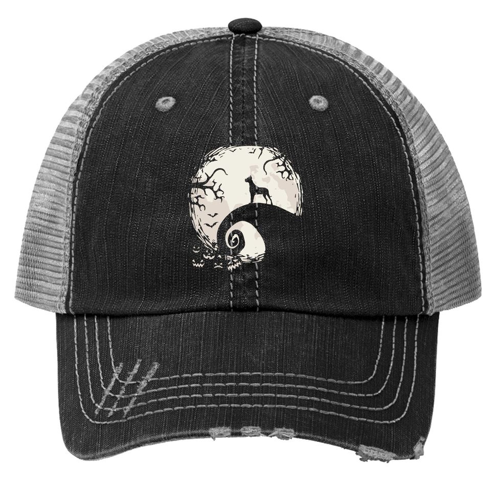 Great Dane Dog And Moon Howl In Forest Dog Halloween Party Trucker Hat