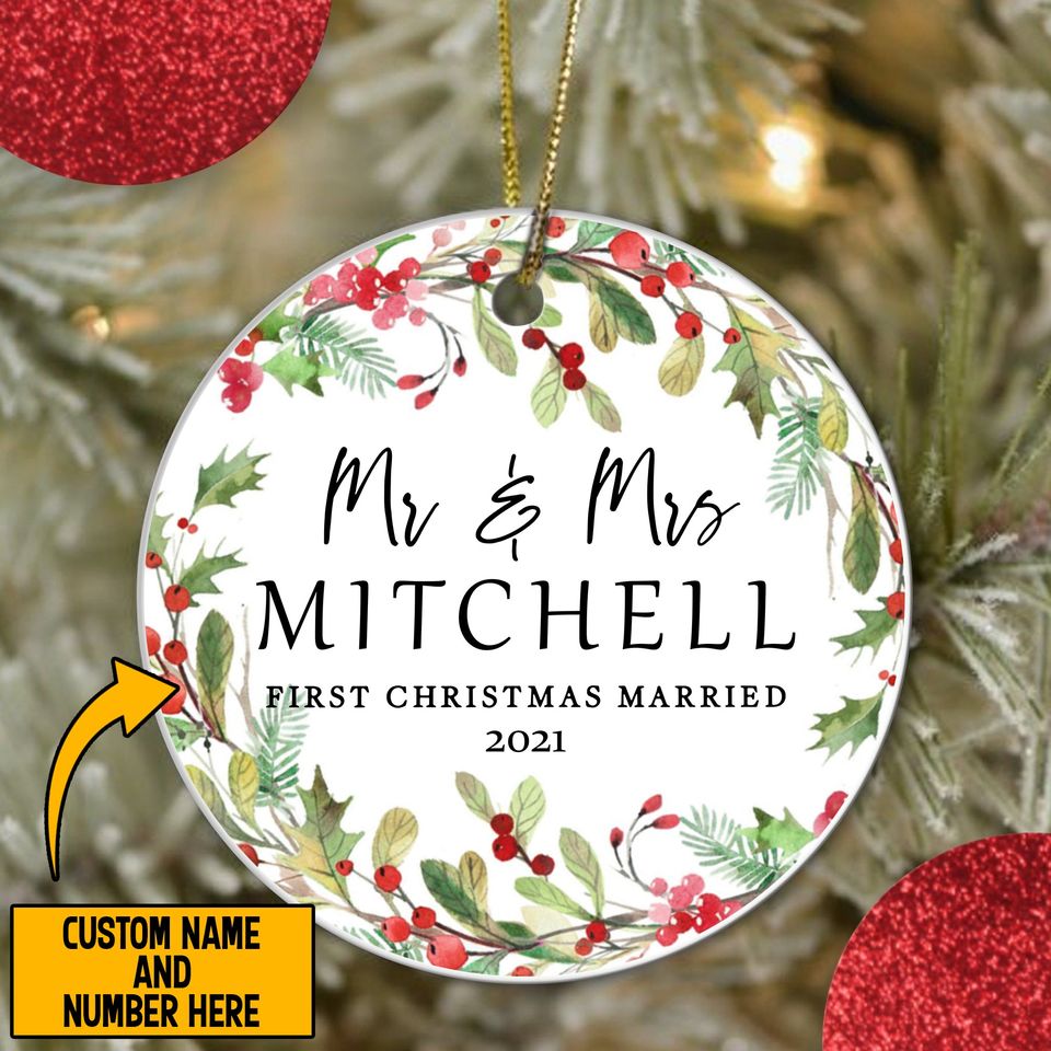 First Christmas Married Mr And Mrs Ceramic Circle Custom Ornament
