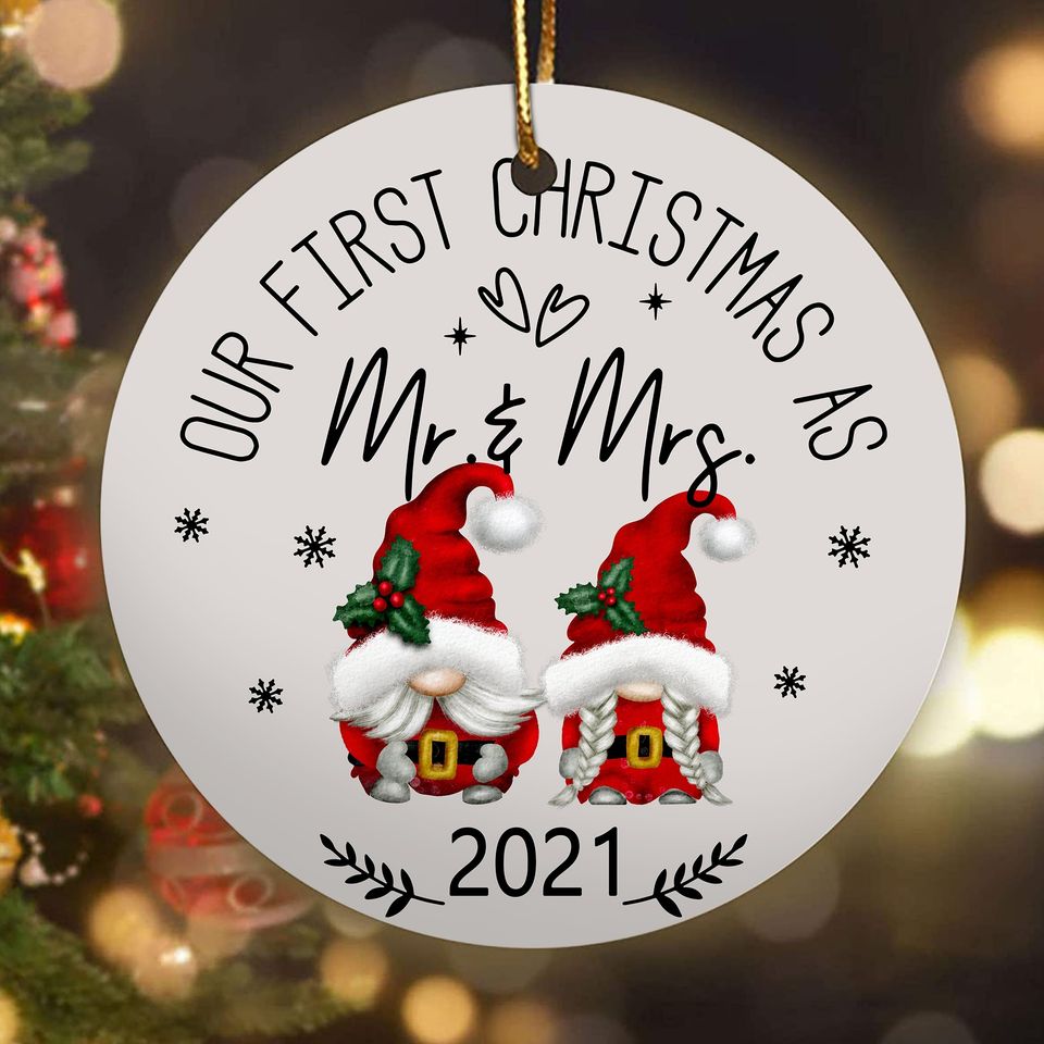 First Christmas As Mr And Mrs Gnome Ceramic Circle Ornament