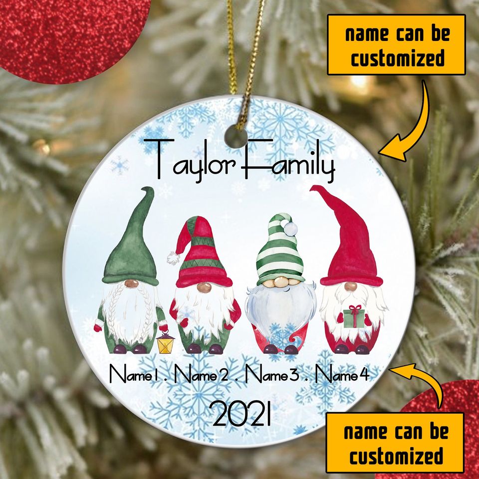Personalized Family Christmas Gnome Ceramic Circle Custom Ornament