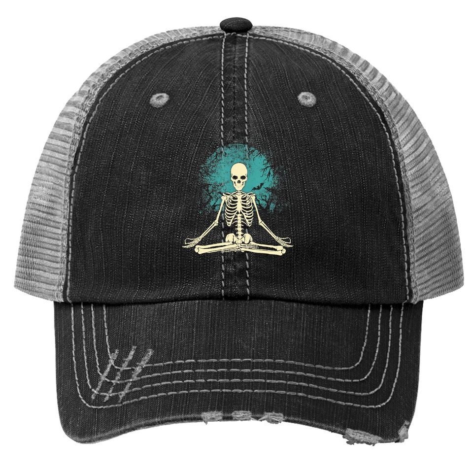 Meditating Skeleton Yoga Halloween Moon Costume Trucker Hat