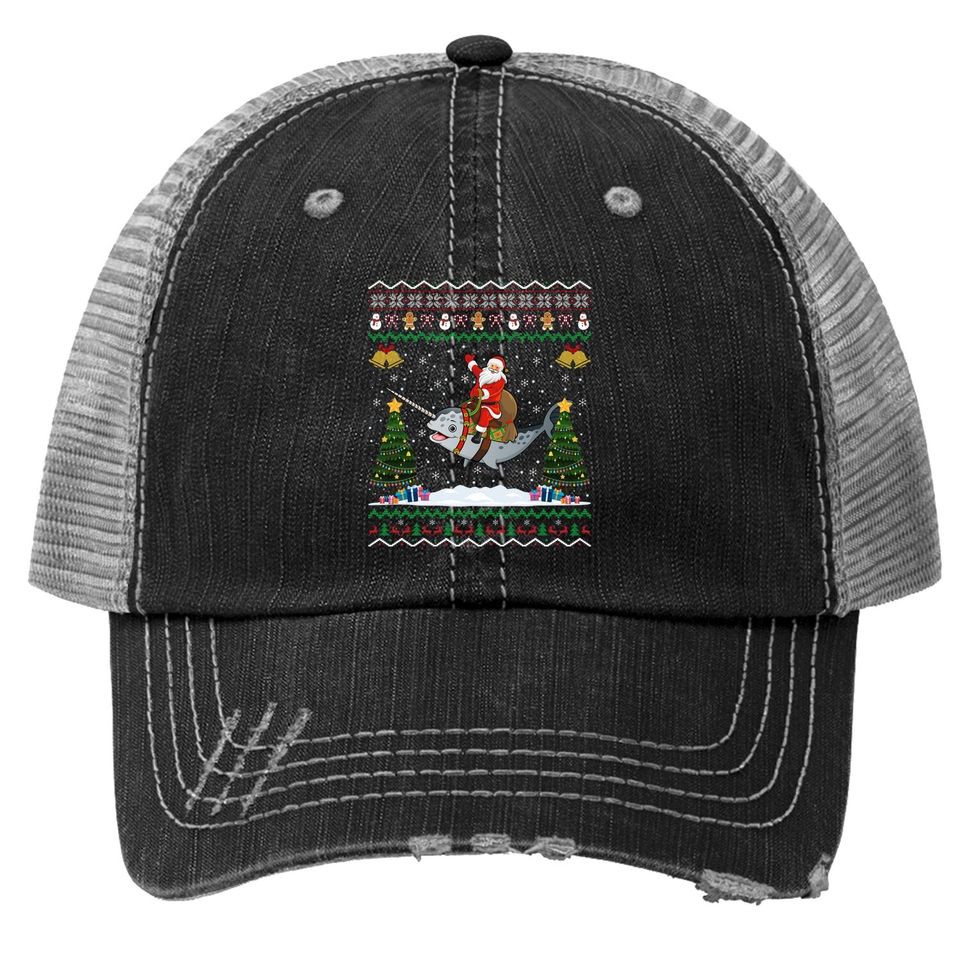 Narwhal Ugly Xmas Gift Santa Riding Narwhal Christmas Trucker Hat