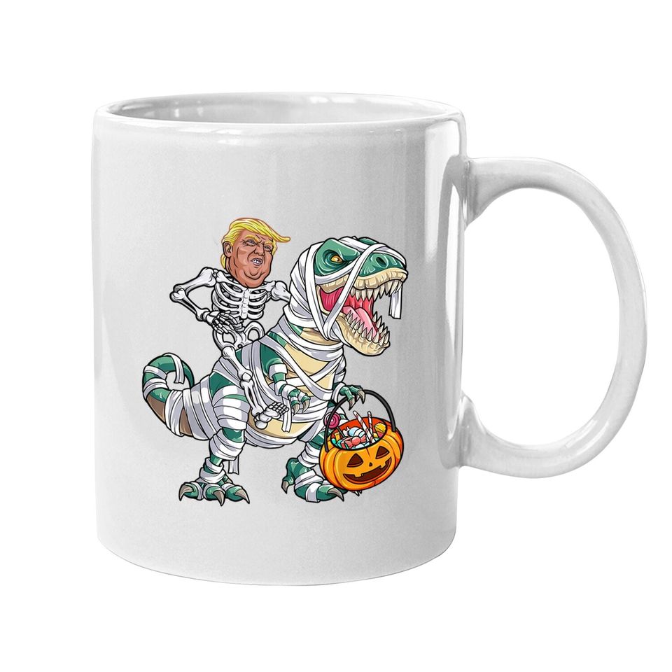 Donal Trump Riding Mummy Dinosaur T-rex Halloween Coffee Mug