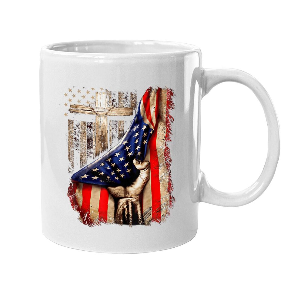 Vintage Faith Over Fear Christian Cross American Flag Coffee.  mug