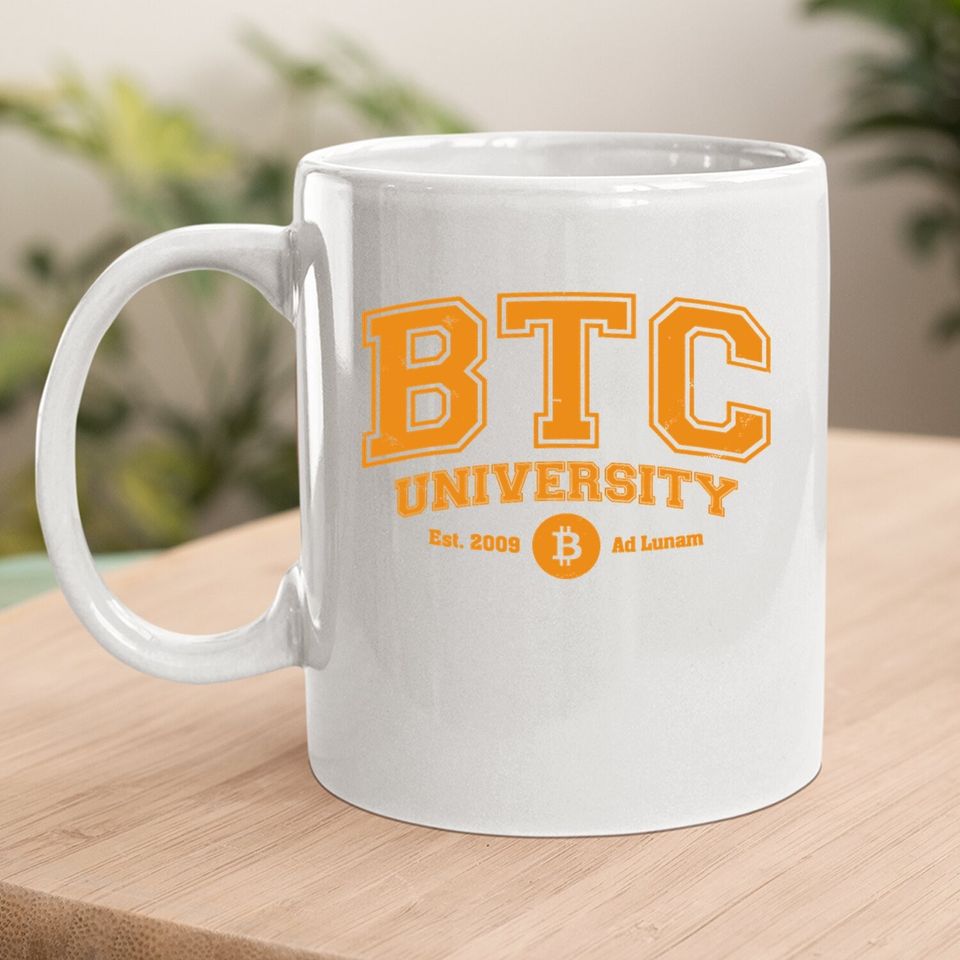 Btc University To The Moon, Funny Distressed Bitcoin College Coffee Mug