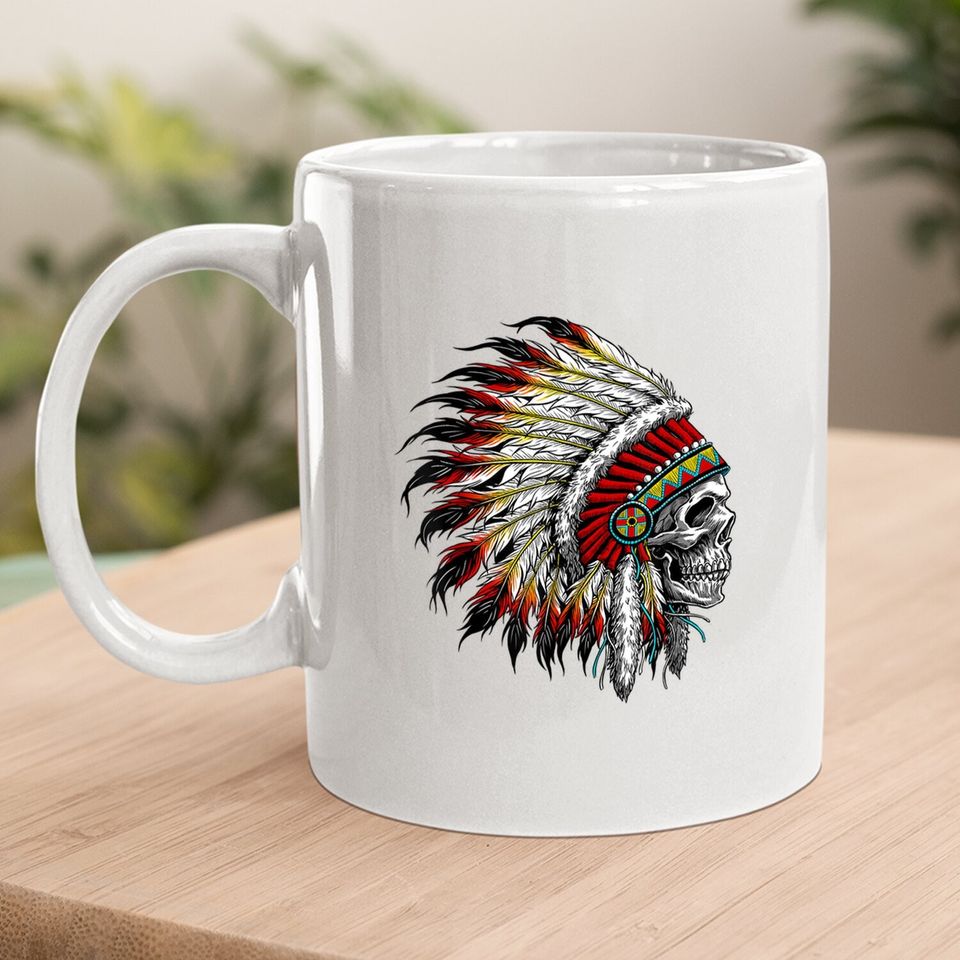 Native American Indian Chief Skull Motorcycle Headdress Coffee Mug