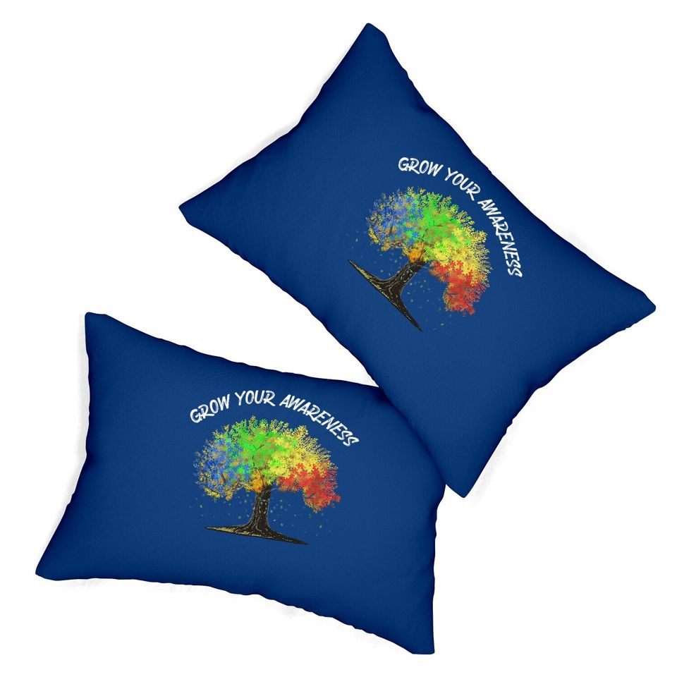 Autism Awareness Rainbow Tree Grow Your Awareness Hand Drawn Lumbar Pillow