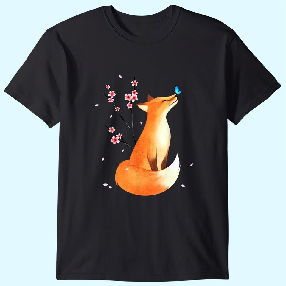Fox Japanese Cherry Blossom Flower Vintage Gift T Shirt