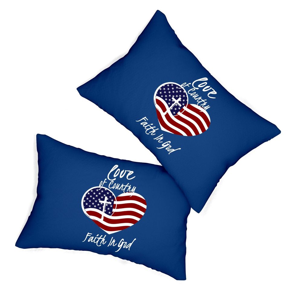 Patriotic Christian Faith In God Heart Cross American Flag Lumbar Pillow