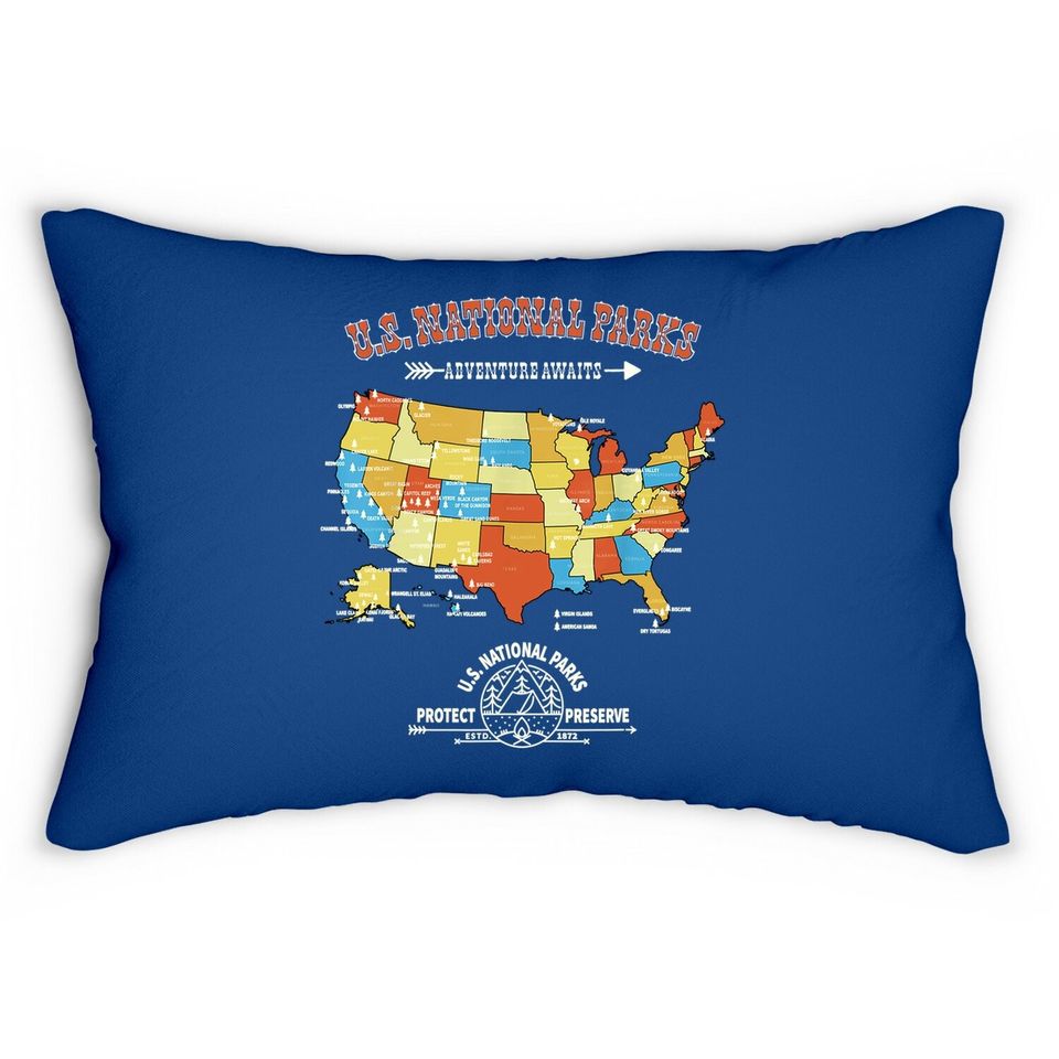 63 National Parks Map - Vintage American Hiking Camping Gift Lumbar Pillow