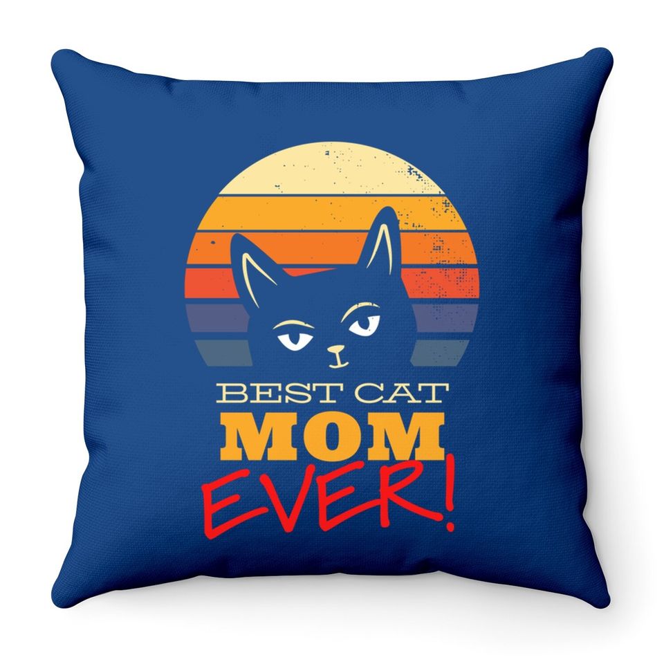 Best Cat Mom Ever Black Cat Quote Retro Sunrise Throw Pillow