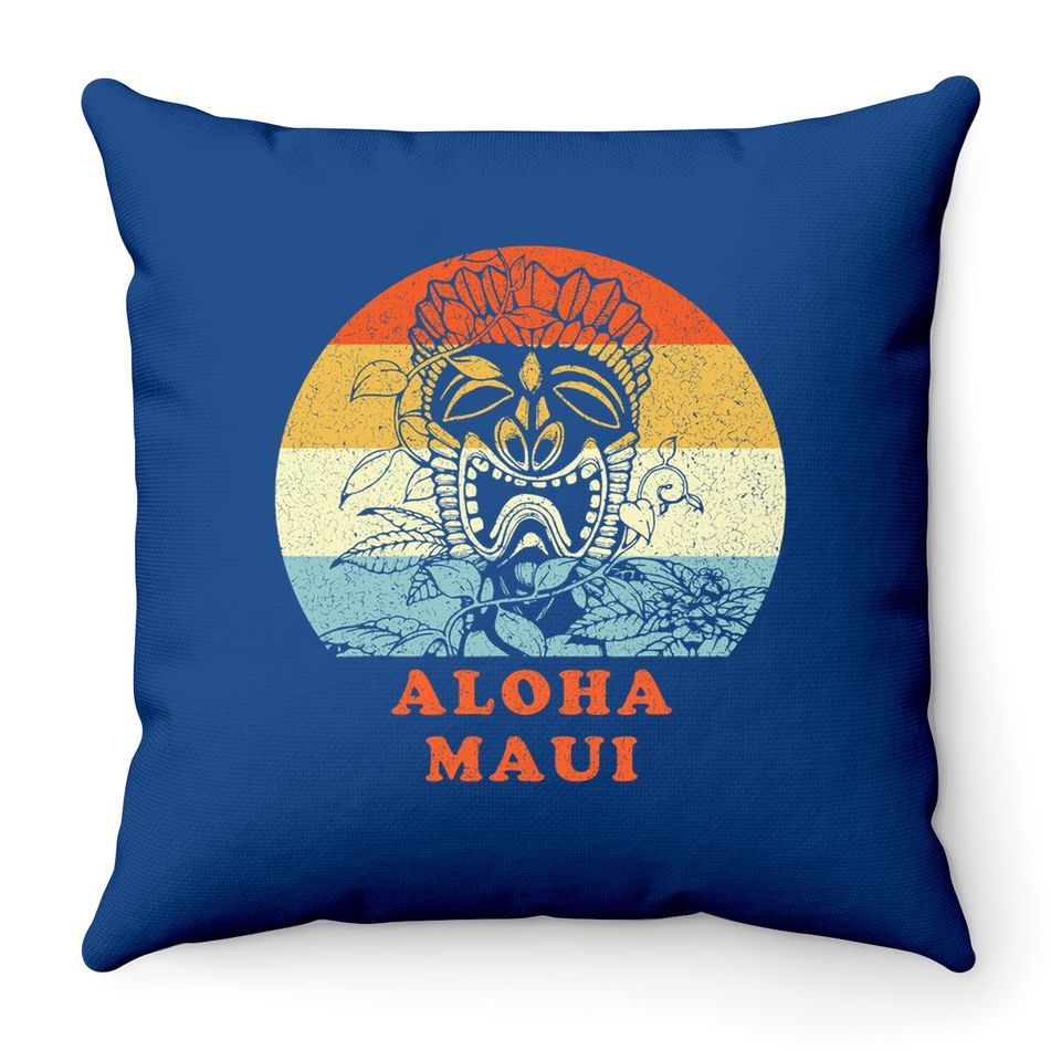 Aloha Maui Hawaiian Tiki Statue Vintage Retro Vacation Throw Pillow