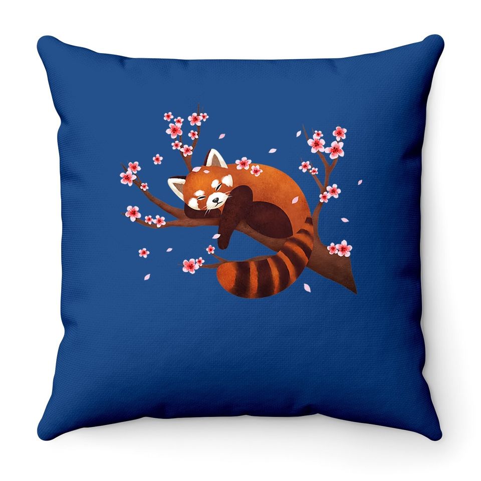 Vintage Red Panda Japanese Cherry Blossom Flower Throw Pillow