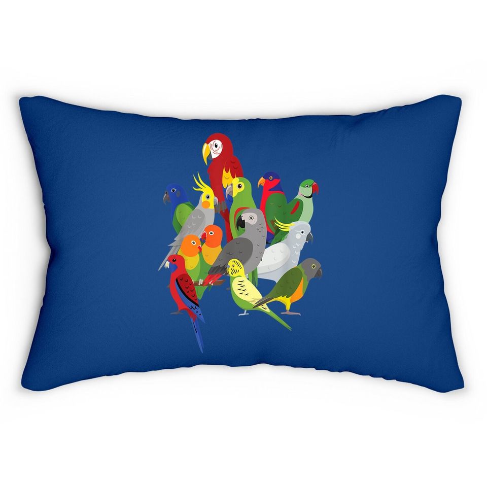 Parrot Flock - Macaw, Cockatoo, African Grey, & Budgie Lumbar Pillow