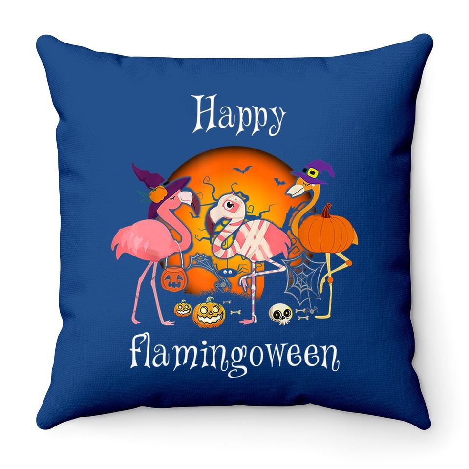 Happy Flamingoween Witch Pumpkin Flamingo Halloween Costume Throw Pillow