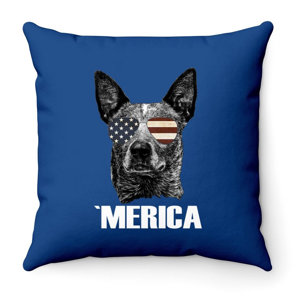 Merica Australian Cattle Dog With Usa Flag Sunglasses Throw Pillow