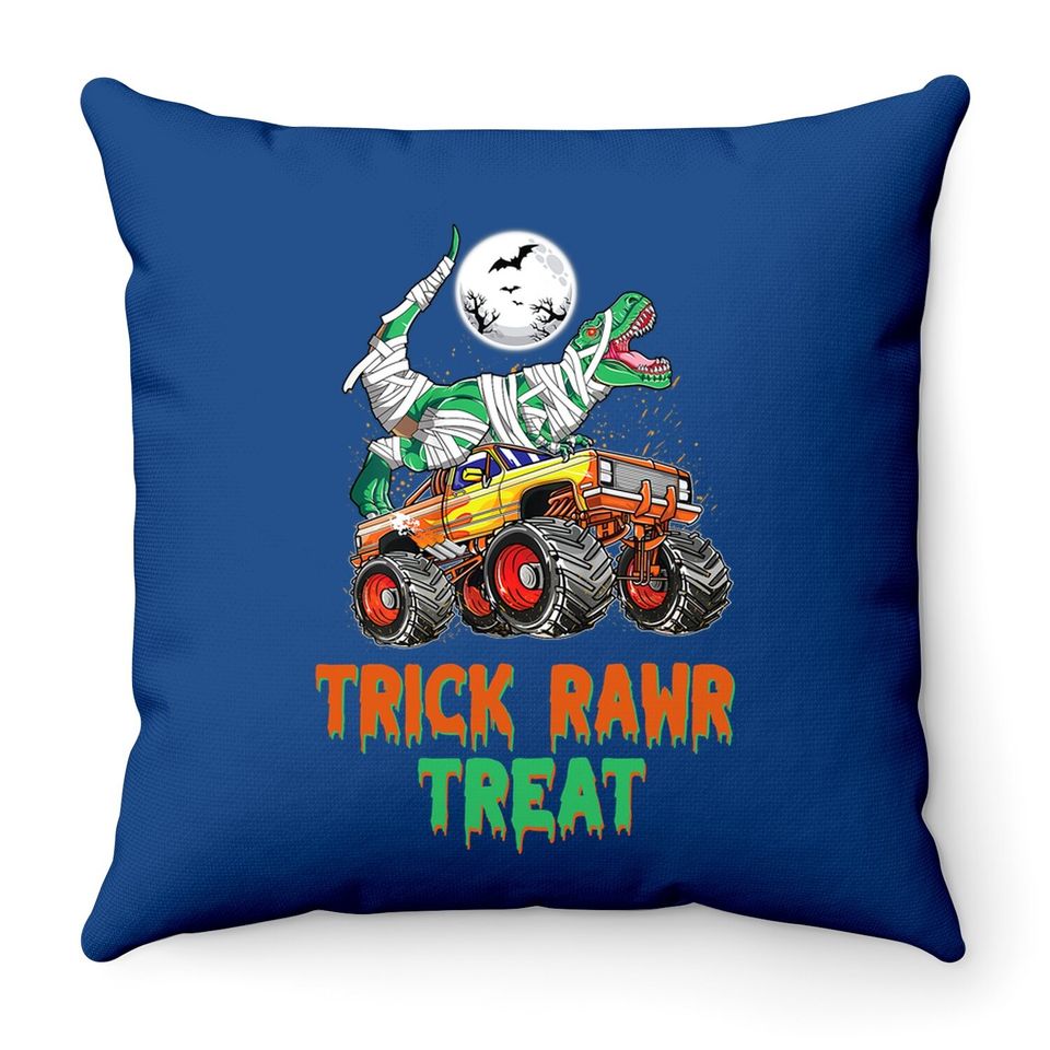Trick Rawr Treat Halloween Boys Dinosaur T Rex Riding Monster Truck Throw Pillow