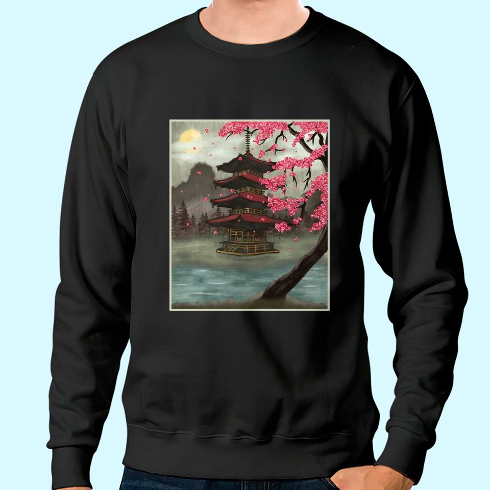 Cherry Blossom Vintage Japanese Temple Sakura Woodblock Art Sweatshirt
