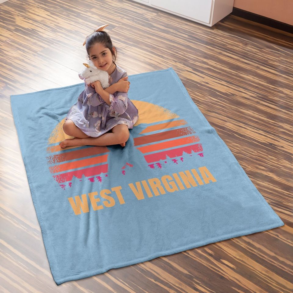 West Virginia Vintage Bear Distressed Retro 80s Sunset Baby Blanket