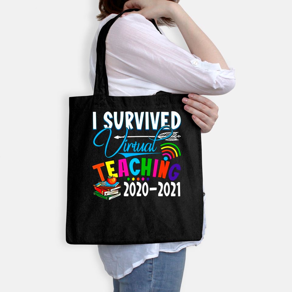 Women's Fashion Tote Bag - Funny I Survived Virtual Teaching End of Year Teacher Remote Gift Tote Bag Short Sleeve
