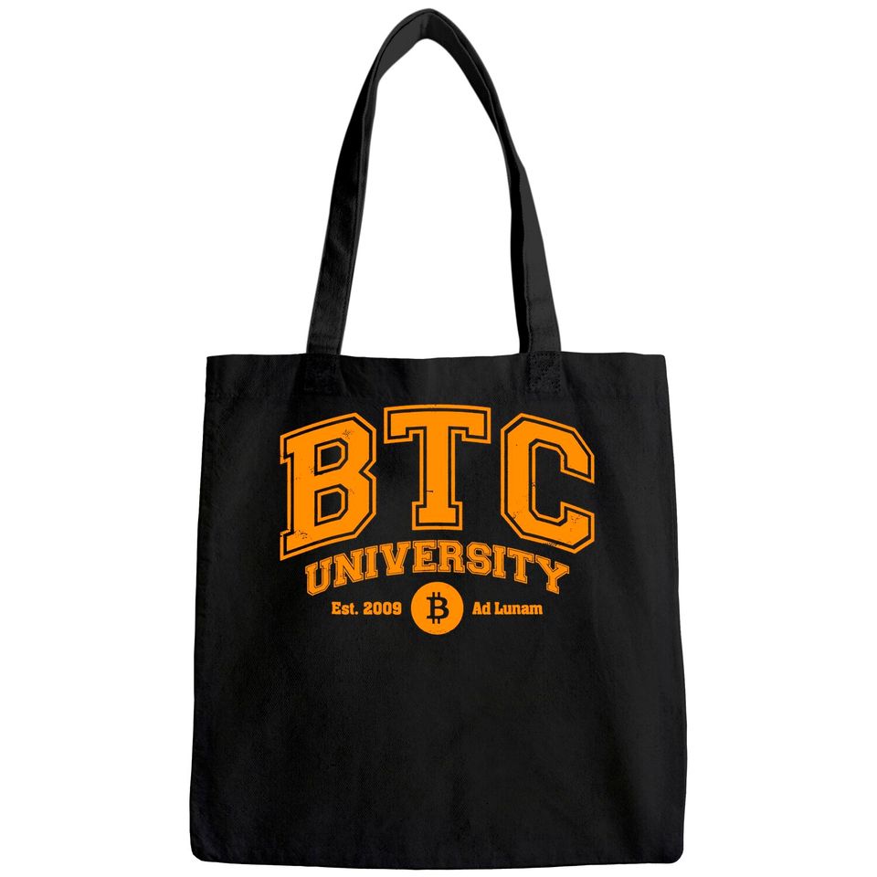 BTC University To The Moon, Funny Distressed Bitcoin College Tote Bag