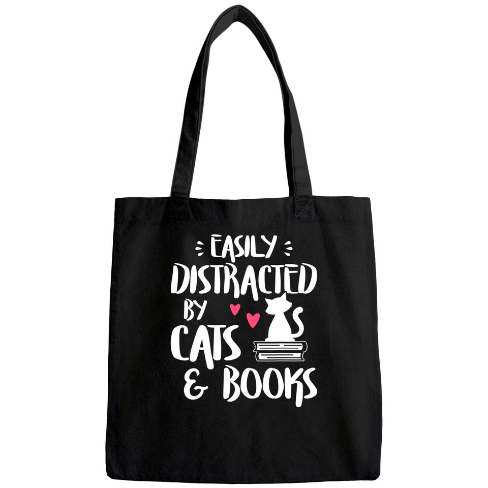 Easily Distracted by Cats and Books - Cat & Book Lover Tote Bag