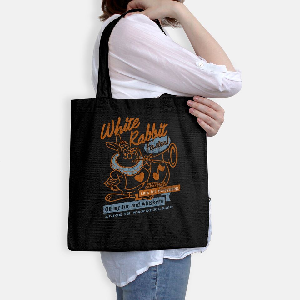 Alice In Wonderland White Rabbit Outlined Text Poster Tote Bag