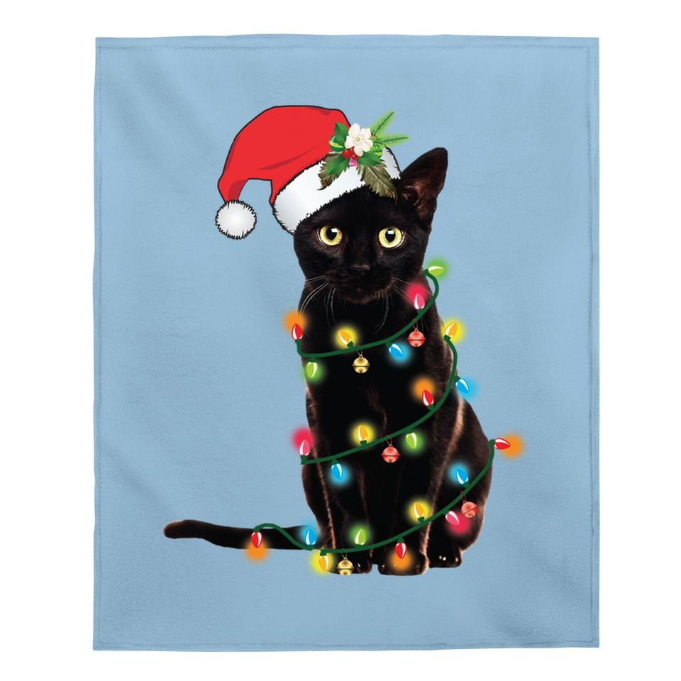 Santa Black Cat Tangled Up In Christmas Tree Lights Holiday Baby Blanket