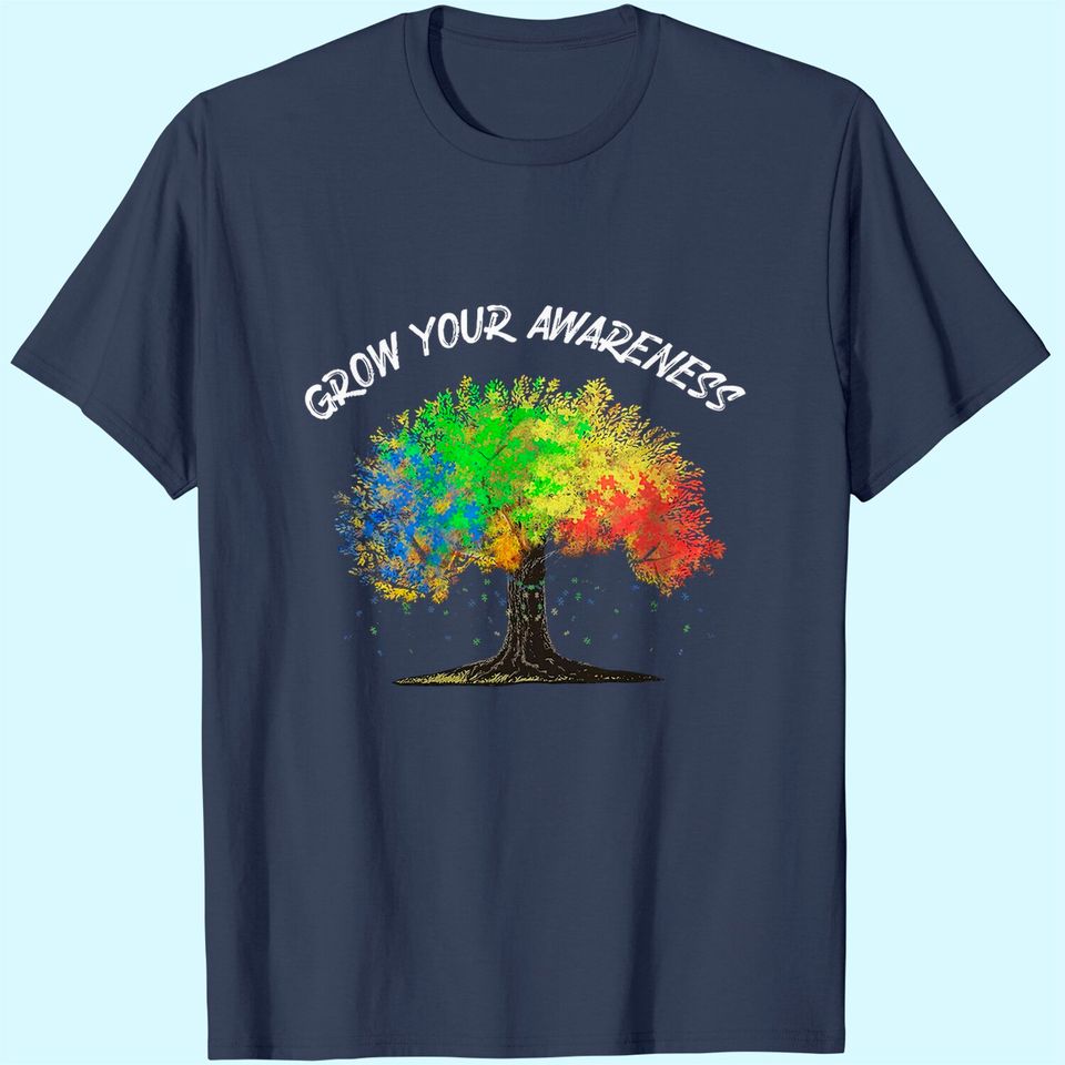 Autism Awareness Rainbow Tree Grow Your Awareness Hand Drawn T-Shirt
