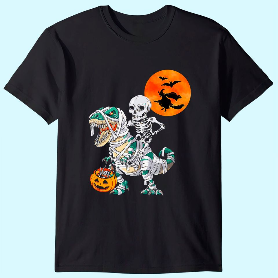 Skeleton Riding T Rex Dinosaur Mummy, Pumpkin Halloween T-Shirt