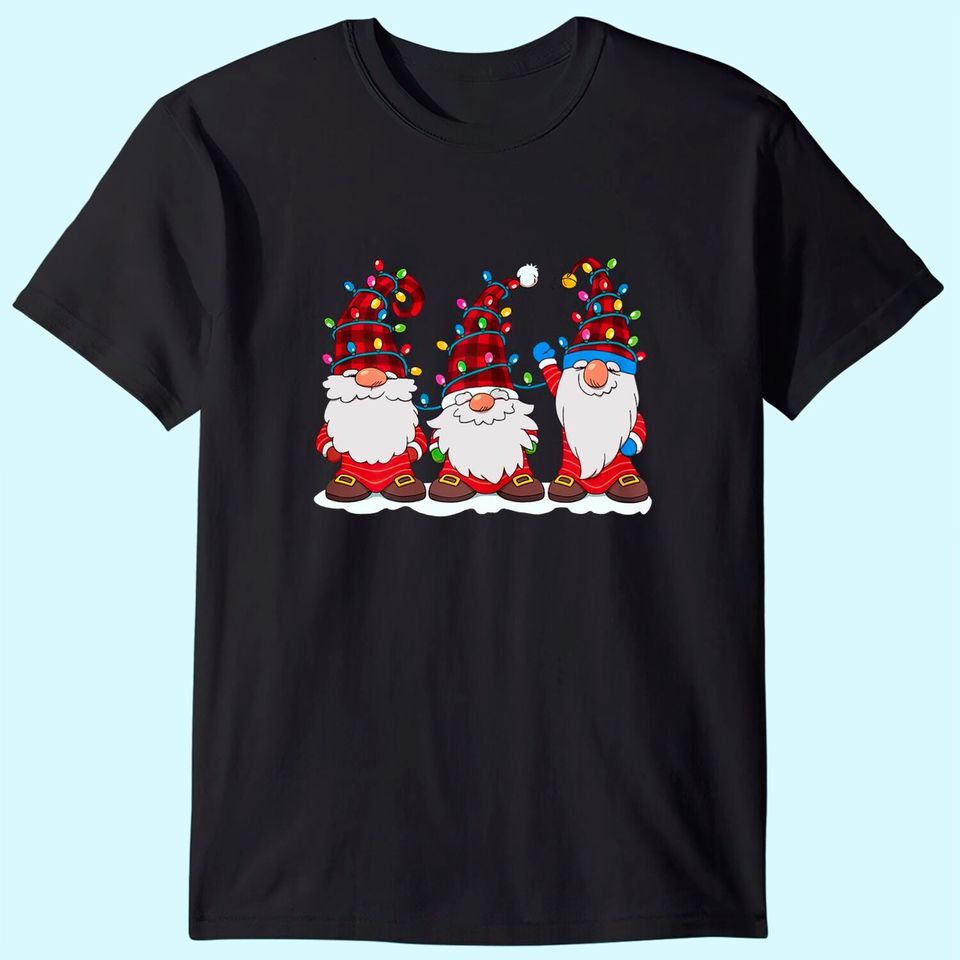Three Gnomes Red Plaid Hat Gnome Christmas Tree Lights T-Shirt