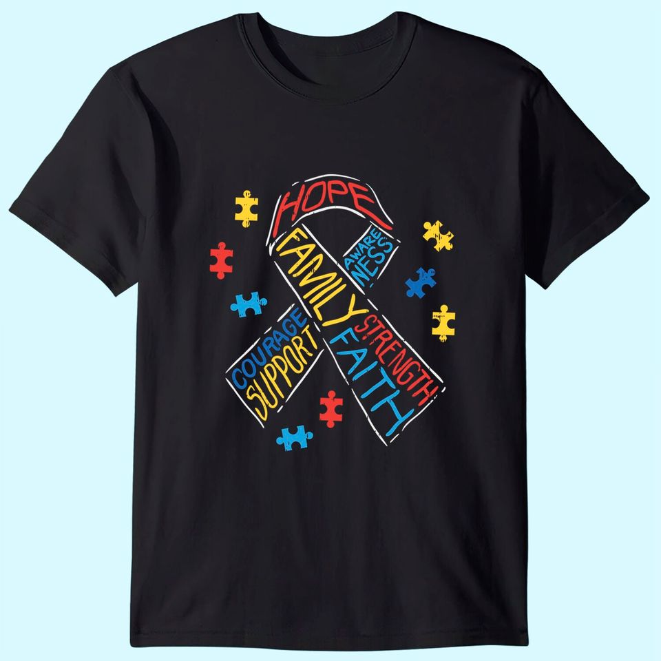 Autism Ribbon Words Awareness Puzzle Support Autistic T Shirt