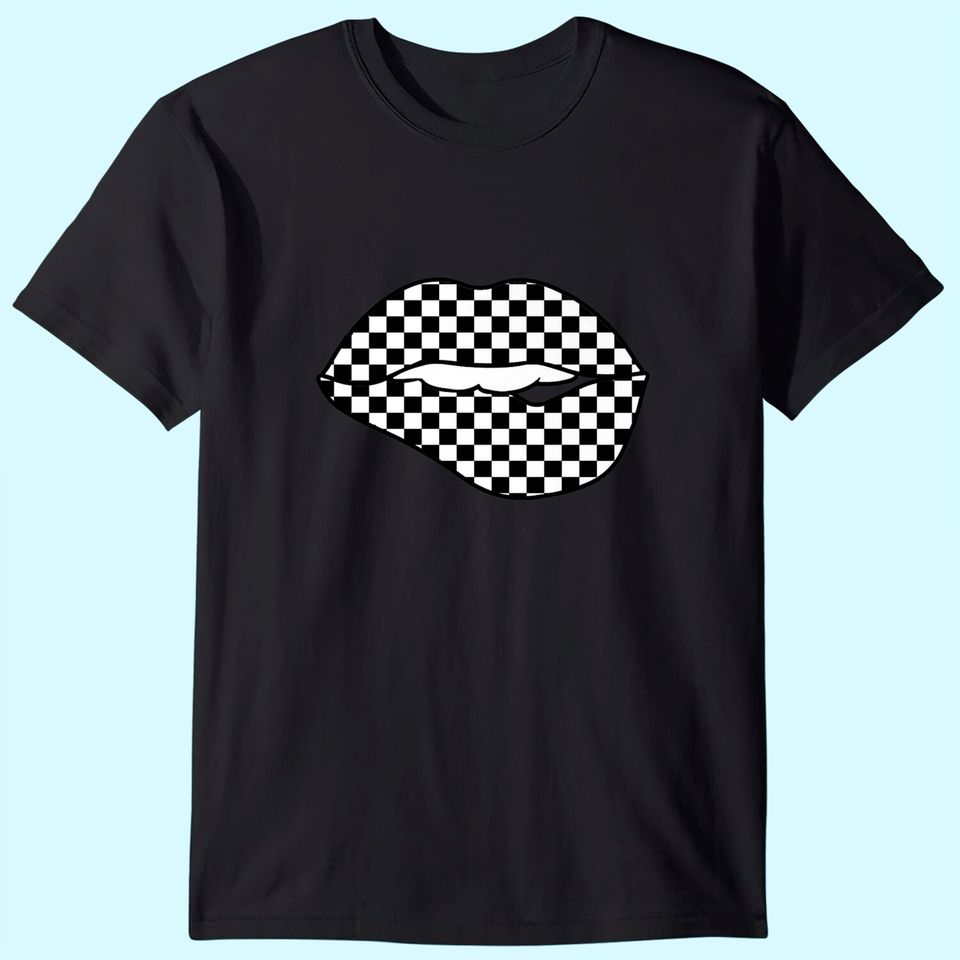 Checkered Black White Lip Gift Checkerboard Women T-Shirt