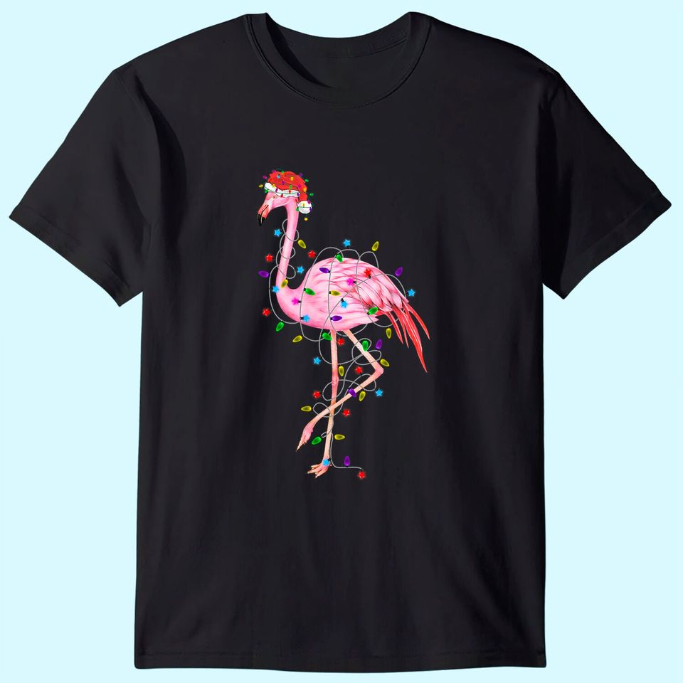 Flamingo Christmas Tree Lights Santa Pajamas Family Xmas T-Shirt