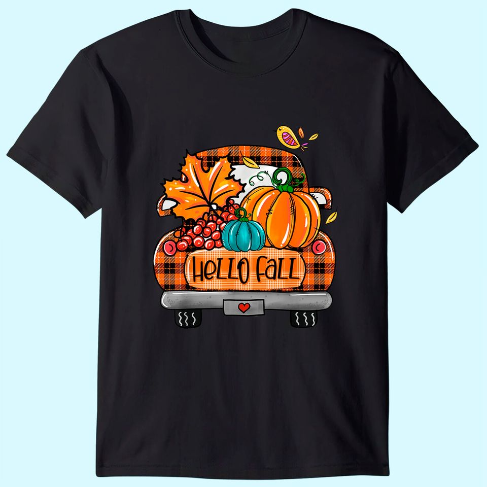 Hello Fall Orange Plaid Truck Pumpkin Fall Autumn T-Shirt