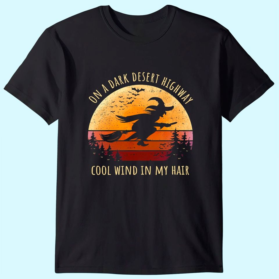 Halloween Witch Riding Broomstick On A Dark Desert Highway Premium T Shirt