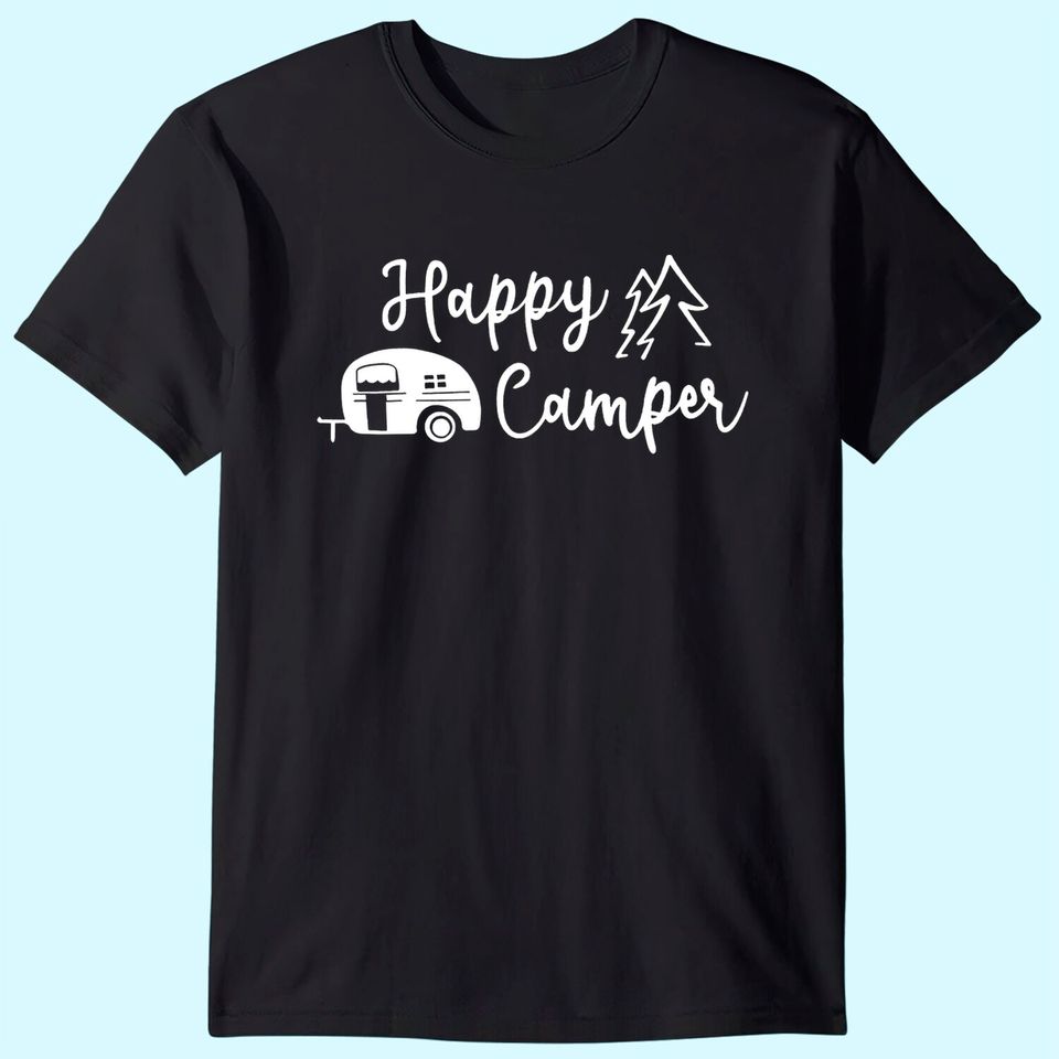 Hiking Camping Shirts for Women Funny Graphic Tees Shirts Happy Camper Letter Print Casual Tee Tops