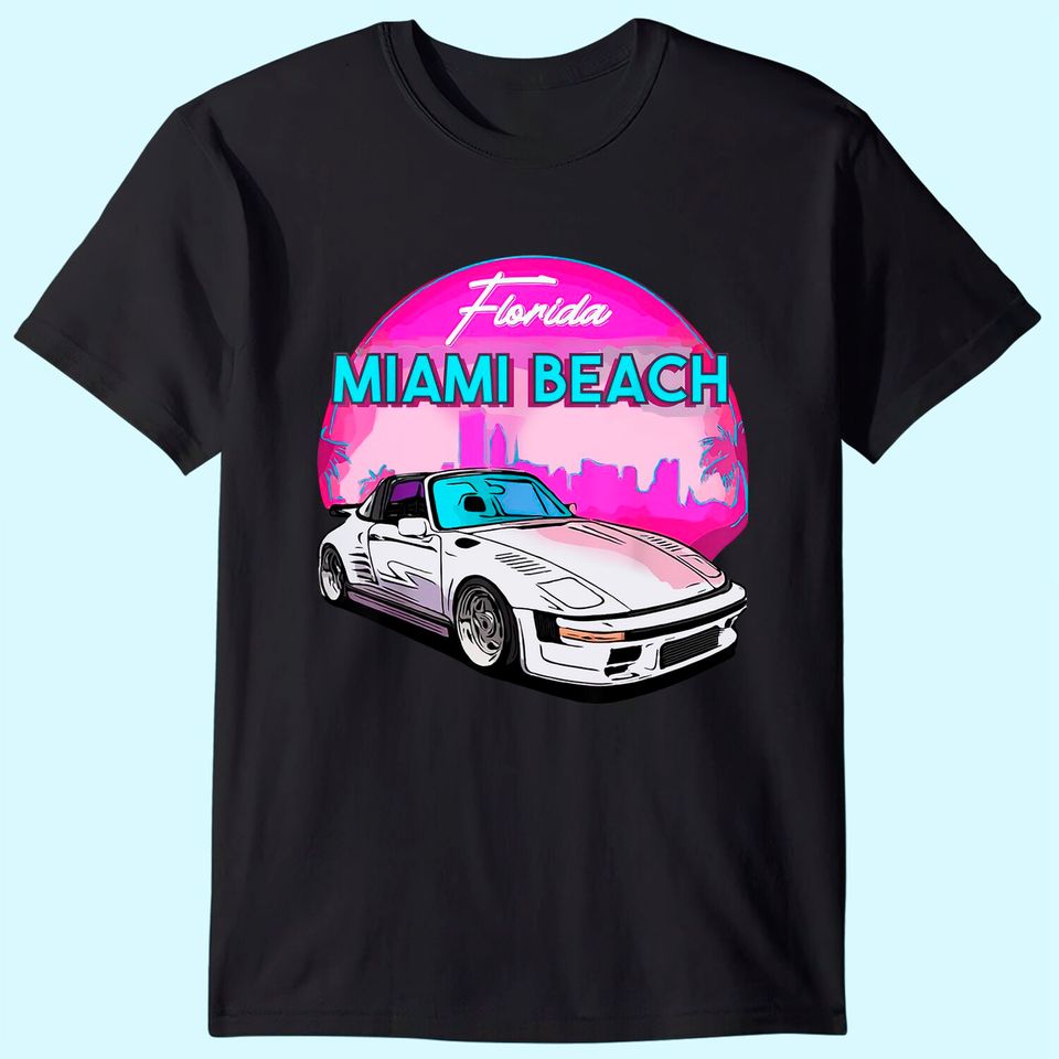 Miami Men's T Shirt Palm Trees and Vintage Car