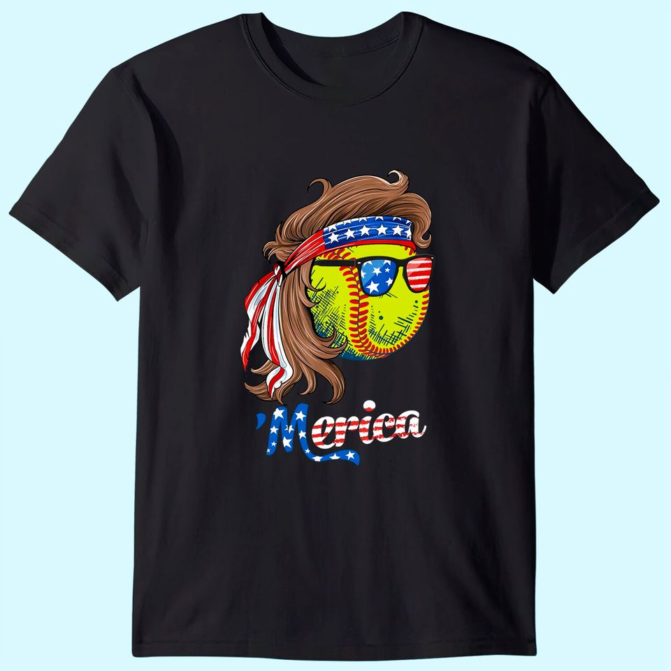 Softball Mullet American Flag Merica Fathers Day T-Shirt