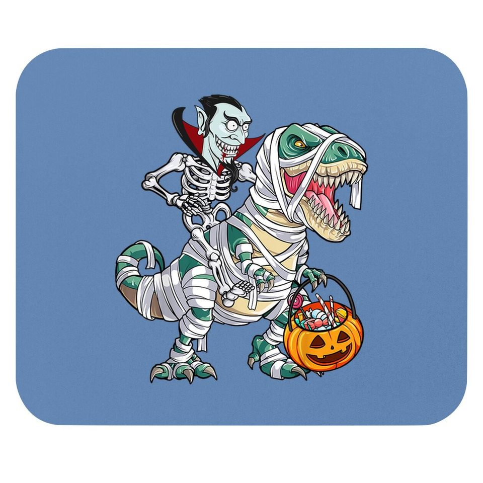 Skeleton Riding Mummy Dinosaur T-rex Halloween Dracula Mouse Pad