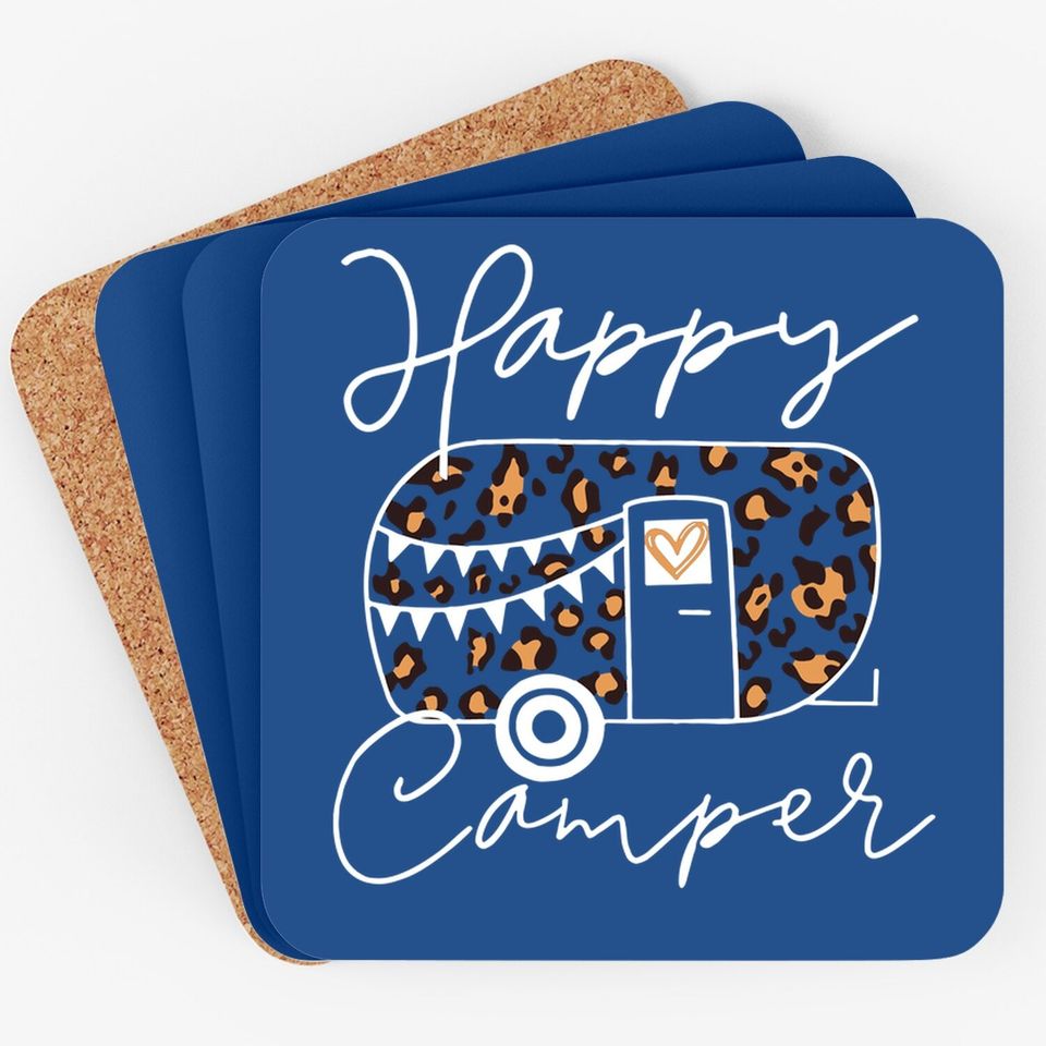 Leopard Truck Happy Camper Coaster For Funny Animal Graphic Mountain Camping Coaster Summer Casual Hiking Trip Coaster