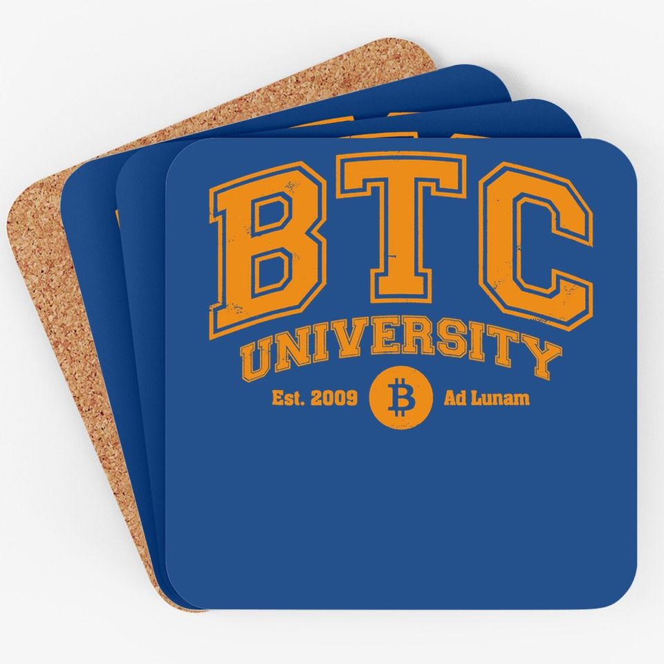 Btc University To The Moon, Funny Distressed Bitcoin College Coaster