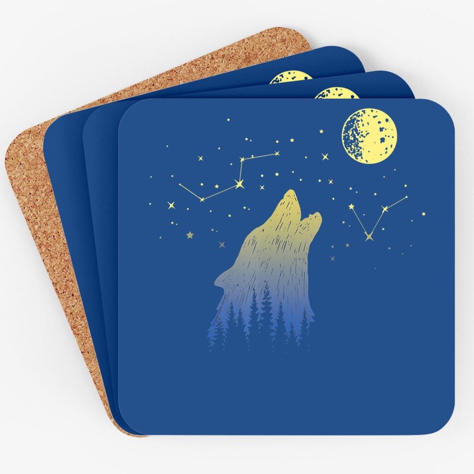 Wolf Howling At Stars Constellations And Moon Coaster