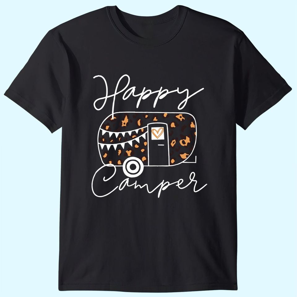 Leopard Truck Happy Camper Shirt for Women Funny Animal Graphic Mountain Camping Tshirt Summer Casual Hiking Trip Tee