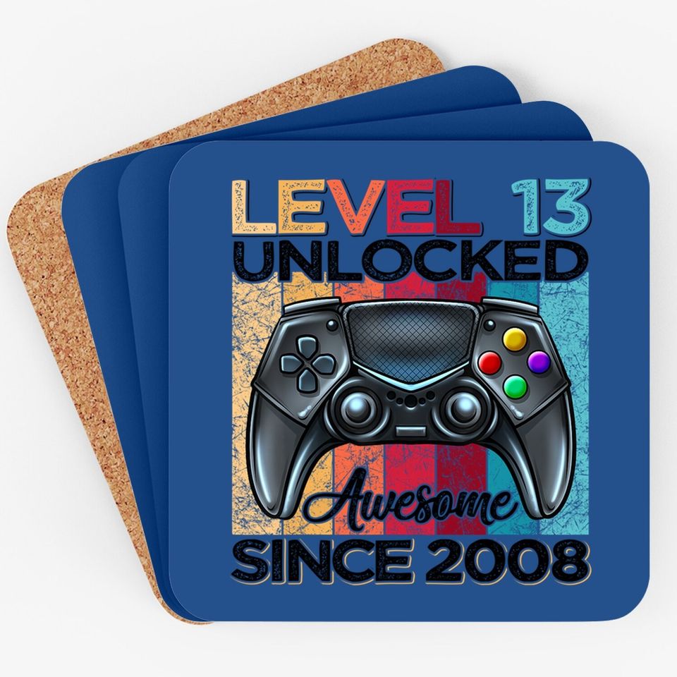 Level 13 Unlocked Awesome Since 2008 13th Birthday Gaming Coaster