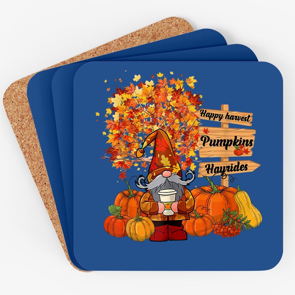 Happy Harvest Gnome Plaid Pumpkins Maple Autumn Farm Life Coaster