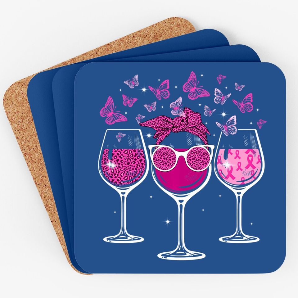 Wine Glass Butterfly Breast Cancer Awareness Pink Ribbon Coaster